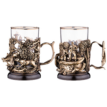 НАБОР ИЗ 2-Х ПОДСТАКАННИКОВ С ЛОЖКАМИ "КАБАН-ЩУКА" 250 МЛ. В КОЖАНОМ ФУТЛЯРЕ (385-167)