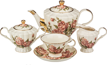 ЧАЙНЫЙ СЕРВИЗ НА 6 ПЕРСОН 15 ПР. "КОРЕЙСКАЯ РОЗА" 950/350/220/250 МЛ. В КАРТОННОМ ЧЕМОДАНЕ (215-001)