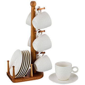 КОФЕЙНЫЙ НАБОР НА 6 ПЕРСОН 12 ПР. НА ДЕРЕВЯННОЙ ПОДСТАВКЕ ОБЪЕМ ЧАШКИ= 100 МЛ (235-111)