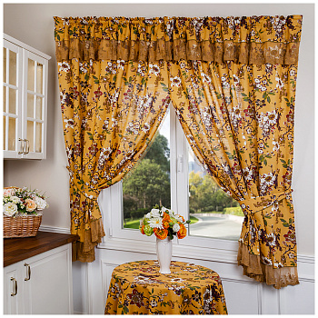 ШТОРА КУХОННАЯ "МАГНОЛИЯ" 150Х180 СМ ИЗ 2ШТ ,100% Х/Б,ГОРЧИЦА, КРУЖЕВО (850-835-14)