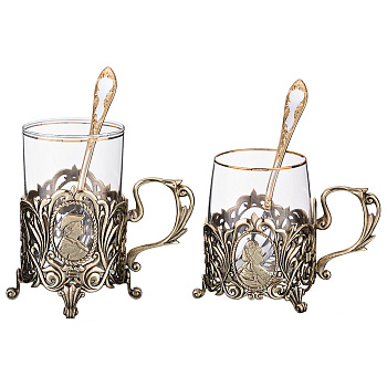 НАБОР ИЗ 2-Х  ПОДСТАКАННИКОВ С ЛОЖКАМИ "ПЕТР I и ЕКАТЕРИНА II" 250 МЛ. В КОЖАНОМ ФУТЛЯРЕ (385-165)