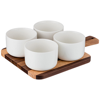 НАБОР СОУСНИКОВ ИЗ 4 ШТ. 8,5*8,5*6 220 МЛ. НА ДЕРЕВЯННОЙ ПОДСТАВКЕ (235-103)