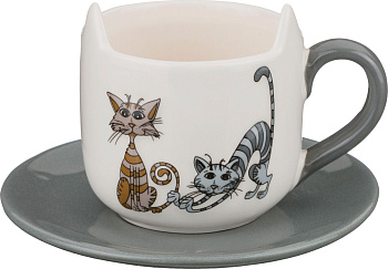 ЧАШКА С БЛЮДЦЕМ "ОЗОРНЫЕ КОТЫ" 210 МЛ 11*8*8 СМ БЕЗ УПАКОВКИ (188-100)