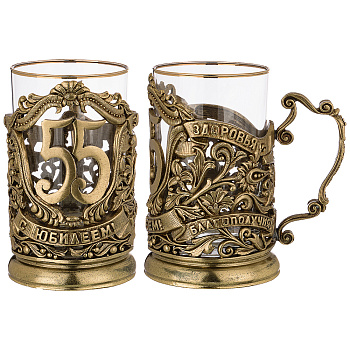 СТАКАН С ПОДСТАКАННИКОМ "ЮБИЛЕЙНЫЙ 55 ЛЕТ" 250 МЛ. ЖАРОПРОЧНОЕ СТЕКЛО С ПОЗОЛОЧЕННОЙ КАЕМКОЙ (385-24