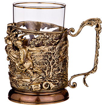 ПОДСТАКАННИК "ОХОТНИКИ НА ПРИВАЛЕ" ЛАТУНЬ,ЖАРОПРОЧНОЕ СТЕКЛО С ПОЗОЛОЧЕННОЙ КАЕМКОЙ (385-181)