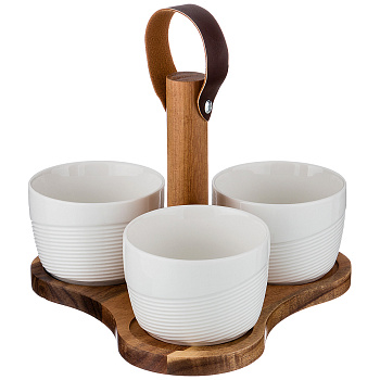 НАБОР СОУСНИКОВ ИЗ 3 ШТ. 8,5*8,5*6 220 МЛ. НА ДЕРЕВЯННОЙ ПОДСТАВКЕ С РУЧКОЙ (235-104)