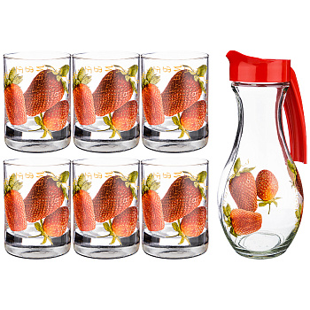 НАБОР: КУВШИН ШАР 1 Л + 6 СТАКАНОВ 200 МЛ. ВЫСОТА=24/9,5 СМ. В АССОРТИМЕНТЕ (381-1034)