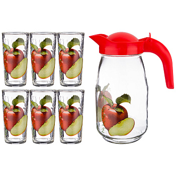 НАБОР: КУВШИН РАДУГА 1500 МЛ. + 6 СТАКАНОВ 250 МЛ. ВЫСОТА=22/13 СМ. В АССОРТИМЕНТЕ (381-1035)