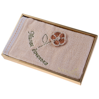 ПОЛОТЕНЦЕ "МИЛАЯ ДОЧЕНЬКА",35х70. МАХРА, ПЕРСИК,ВЫШИВКА,КРУЖЕВО,100% ХЛОПОК 400ГР\М (850-331-42)